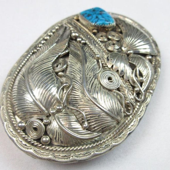 VTG  Signed Navajo Silver Turquoise Belt Buckle - Picture 7 of 10